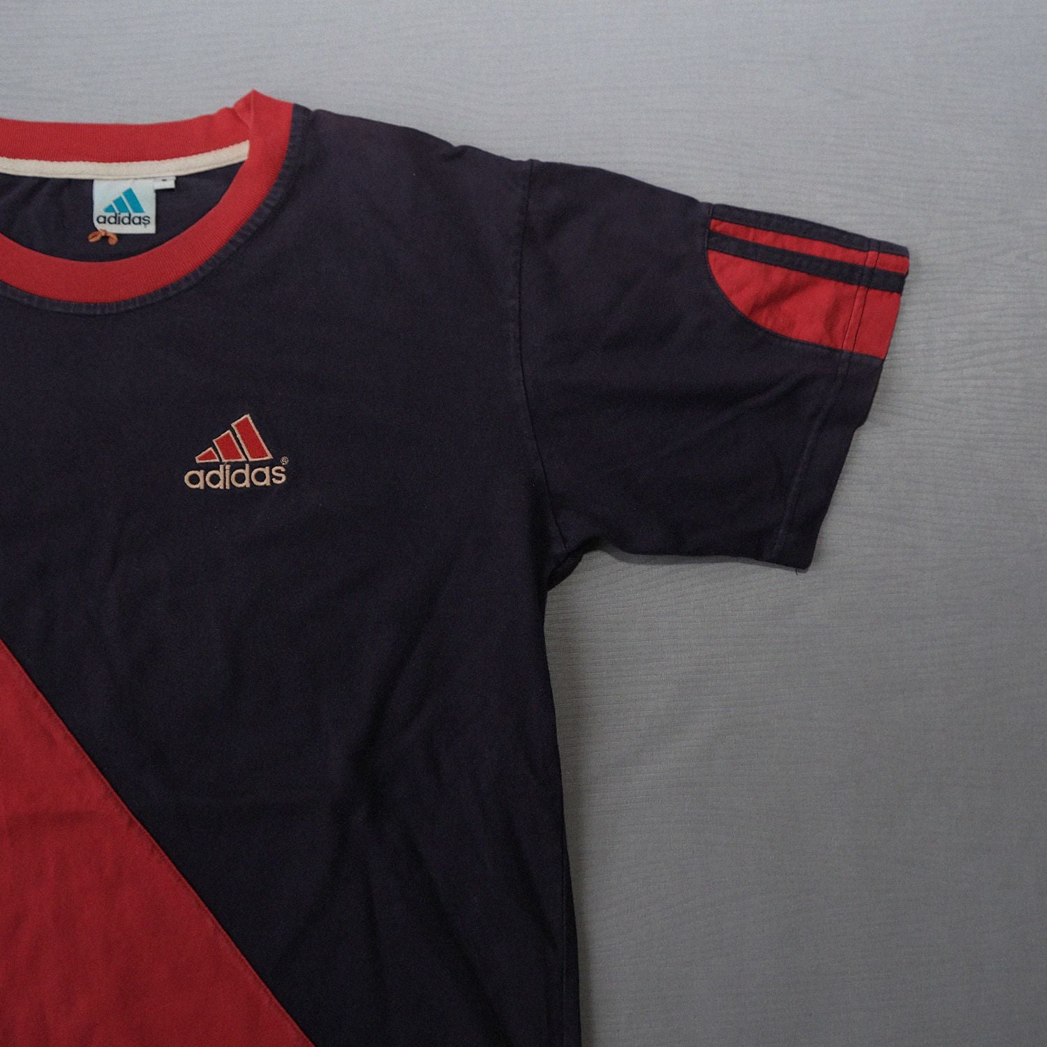 Adidas Red/Navy Diagonal Panel Tee | Size L | Vintage Blue Tag Era