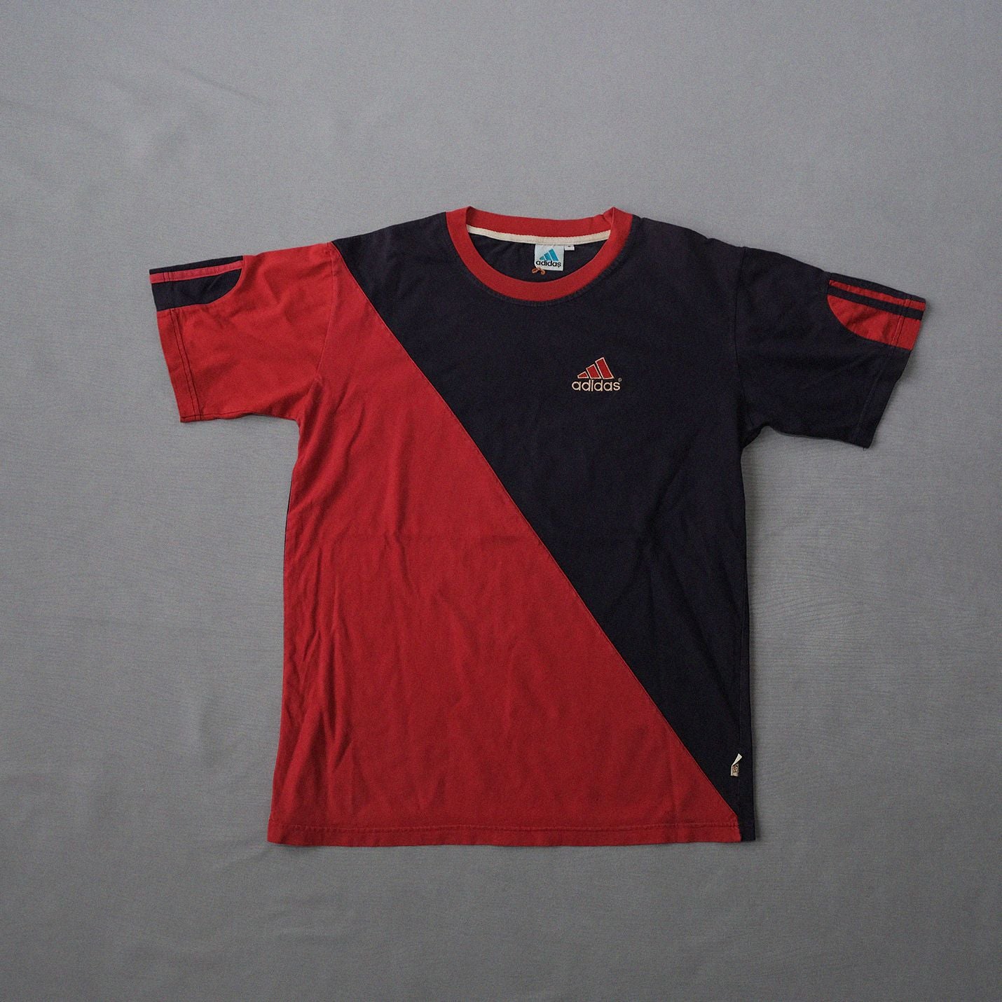 Adidas Red/Navy Diagonal Panel Tee | Size L | Vintage Blue Tag Era