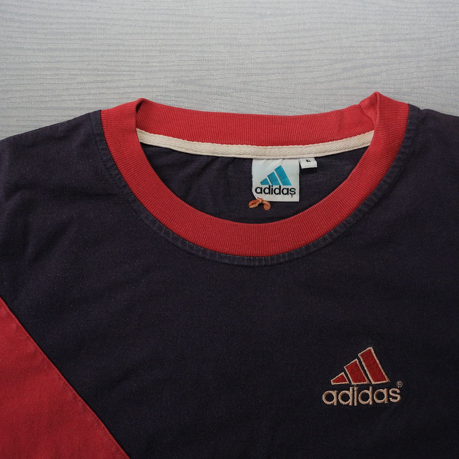 Adidas Red/Navy Diagonal Panel Tee | Size L | Vintage Blue Tag Era
